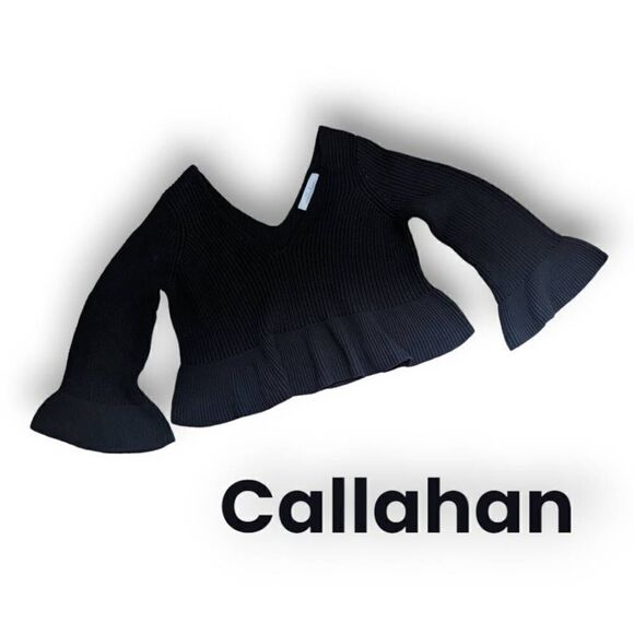 Callahan Women's Black Knitted Flared Cropped Long Sleeve V-Neck Sweater Size XS - Picture 1 of 11